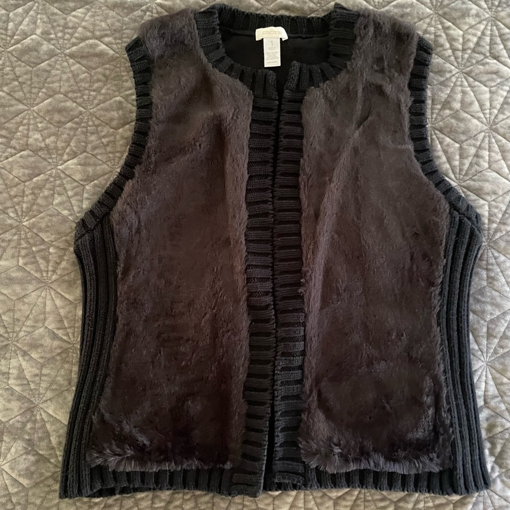 Chico’s Black Knit Vest Faux Fur Wool